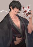  1boy bangs black_hair cigar collarbone fox_mask fushiguro_touji green_eyes hand_up haori highres holding holding_mask japanese_clothes jujutsu_kaisen kimono looking_at_viewer looking_away male_focus mask mature_male mouth_hold muscular muscular_male scar scar_on_face scar_on_mouth simple_background smoke smoking_pipe solo vermilli000n wide_sleeves 