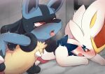  anthro blush bodily_fluids cinderace duo eye_roll generation_4_pokemon generation_8_pokemon lagomorph lucario male male/male mammal nintendo open_mouth pok&eacute;mon pok&eacute;mon_(species) stuck tears through_wall tongue video_games yousan 