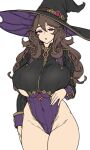  1girl :o bangs black_headwear breasts brown_hair covered_navel cowboy_shot hair_between_eyes hat highres houtengeki huge_breasts large_hat leotard long_hair long_sleeves looking_at_viewer open_mouth original purple_eyes purple_leotard simple_background solo thighs white_background witch_hat 