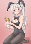  1girl animal_ears anti_(untea9) black_leotard black_pantyhose blush breasts brown_eyes cleavage conte_di_cavour_(kancolle) detached_collar fake_animal_ears fake_tail food grey_hair highres holding holding_food kantai_collection large_breasts leotard long_hair open_mouth pantyhose playboy_bunny rabbit_ears rabbit_tail sandwich solo strapless strapless_leotard tail wrist_cuffs 