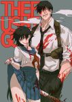  1boy 1girl bangs baseball_bat belt black_hair black_pants blood blood_on_clothes blood_on_face blood_on_hands blood_on_weapon blue_sailor_collar blue_skirt breasts chest_harness cigarette clothes_lift english_commentary father_and_daughter fushiguro_megumi fushiguro_touji genderswap genderswap_(mtf) green_eyes gun hair_between_eyes hand_in_pocket handgun harness height_difference highres holding holding_baseball_bat holstered_weapon jujutsu_kaisen lifted_by_self long_hair looking_at_viewer mature_male medium_breasts midriff mouth_hold muscular muscular_male nail nail_bat neckerchief pants parted_lips pink_lips red_neckerchief sailor_collar scar scar_on_face scar_on_mouth school_uniform serafuku shirt short_sleeves skirt skirt_lift smoke smoking standing thick_thighs thighs vermilli000n very_long_hair weapon white_shirt 