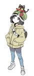  1girl alternate_costume bag beanie black_hair closed_eyes dede_(qwea_00000) fang flower full_body hands_in_pockets hat highres jacket litten looking_at_viewer on_head open_mouth pants pokemon pokemon_(creature) pokemon_(game) pokemon_on_head pokemon_sm red_flower selene_(pokemon) simple_background skin_fang smile standing tail white_background white_footwear 
