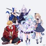  1boy 4girls ahoge anew_uparu aomiya_yozuri blonde_hair blue_hair cotonoha hat jacket kodamazon light_blue_hair luminous_sweet mini_hat multicolored_hair multiple_girls official_art red_hair short_hair sword twintails uriyone vee_(vtuber) weapon white_hair 