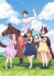  1boy 3girls admire_vega_(umamusume) alternate_costume animal_ears black_choker black_footwear blue_dress bow brown_hair choker do_deuce_(racehorse) dress ear_covers eyepatch grass hair_between_eyes hair_bow high_heels highres horse_ears horse_girl horse_tail jockey komi_zumiko lavender_dress long_hair looking_at_viewer multicolored_hair multiple_girls off-shoulder_dress off_shoulder purple_bow purple_eyes purple_hair real_life rope short_hair sleeveless sleeveless_dress special_week_(umamusume) tail take_yutaka tanino_gimlet_(umamusume) twitter_username two-tone_hair umamusume white_footwear white_hair yellow_eyes 