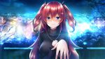  1girl bangs black_bow black_sweater blue_eyes blurry blurry_background blush bow c: closed_mouth game_cg hair_between_eyes hair_bow hair_ornament jewelry long_hair long_sleeves looking_at_viewer nakatama_kyou necklace night ousaka_ayane outdoors red_hair ribbed_sweater ring shiny shiny_hair smile solo sweater toshishita_kanojo twintails upper_body very_long_hair 