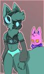  absurd_res anthro blue_bottomwear blue_clothing blue_shorts bottomwear canid canine clothing eevee eeveelution fan_character feral frosty_(frostyvee_01) frostyvee_01 fur generation_1_pokemon green_body green_fur hi_res long_tail machine male male/male mammal nintendo orange_eyes pink_body pink_fur pok&eacute;mon pok&eacute;mon_(species) protogen red_background shirt shorts simple_background text text_on_clothing text_on_shirt text_on_topwear topwear video_games 