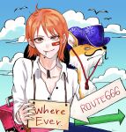  1girl bandaid bandaid_on_face bin_0k blue_headwear blue_sky closed_mouth cloud collarbone collared_shirt dress_shirt fox highres long_sleeves looking_at_viewer nami_(one_piece) neck_ribbon one_piece orange_hair ribbon shiny shiny_hair shirt short_hair signature sky smile solo straight_hair upper_body white_shirt wing_collar 