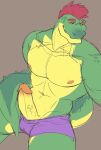  abs absurd_res alligator alligatorid anthro biceps bottomwear clothed clothing countershading crocodilian digital_media_(artwork) erection five_nights_at_freddy&#039;s five_nights_at_freddy&#039;s:_security_breach genitals green_body hair hi_res male montgomery_gator_(fnaf) monty navel ni_(artist) nipples penis poking_out purple_bottomwear purple_clothing purple_shorts red_hair reptile scalie scottgames shorts simple_background smile solo topless vein veiny_penis video_games yellow_body yellow_countershading yellow_penis 