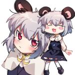  =_= animal_ears bangs black_footwear blush capelet close-up closed_eyes cookie_(touhou) crystal dowsing_rod dress frown grey_background grey_dress grey_hair grey_skirt grey_vest jewelry layered_clothes long_sleeves looking_at_viewer looking_to_the_side mouse_ears mouse_girl nyon_(cookie) open_mouth pendant red_eyes red_scarf relaxed scarf shirt shoes short_hair simple_background sitting skirt skirt_set socks vest white_background white_capelet white_shirt xox_xxxxxx 