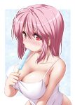  1girl bare_shoulders blush border breasts camisole covered_nipples dripping eating food food_on_body food_on_breasts from_above hand_up highres holding holding_food holding_ice_cream large_breasts melting nori_tamago pink_hair popsicle red_eyes saigyouji_yuyuko sexually_suggestive short_hair simple_background solo spaghetti_strap sweat touhou upper_body white_camisole 