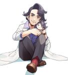  1boy augustine_sycamore black_hair brown_footwear character_doll closed_mouth collared_shirt commentary_request curly_hair doll facial_hair full_body grey_eyes holding holding_doll jandara_rin labcoat looking_at_viewer male_focus pants pokemon pokemon_(game) pokemon_xy red_socks shirt shoes signature sitting smile socks solo watch wristwatch 