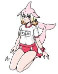  acesrulez alternate_costume blush buruma chinese_white_dolphin_(kemono_friends) commentary_request flats grey_eyes gym_shirt gym_uniform kemono_friends looking_at_viewer multicolored_hair name_tag orange_hair pink_hair red_buruma red_footwear seiza shirt short_hair short_sleeves short_twintails sitting t-shirt translation_request twintails white_hair 