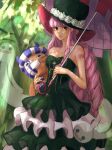  1girl absurdres bangs bare_arms bin_0k black_dress black_eyes black_headwear blunt_bangs breasts cleavage closed_mouth collarbone day dress drill_hair flower forest ghost hat hat_flower highres holding holding_umbrella layered_dress long_hair looking_at_viewer nature one_piece outdoors perona pink_hair red_umbrella sketch small_breasts solo standing strapless strapless_dress umbrella very_long_hair white_flower 