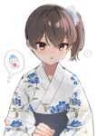  1girl ? alternate_costume blush brown_eyes brown_hair commentary_request floral_print hair_between_eyes japanese_clothes kaga_(kancolle) kantai_collection kimono long_hair long_sleeves looking_at_viewer obi one-hour_drawing_challenge parted_lips print_kimono sash shaved_ice short_hair side_ponytail simple_background solo spoken_question_mark upper_body white_background white_kimono wide_sleeves yamashichi_(mtseven) yukata 