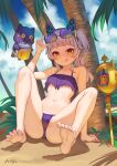  1girl :q absurdres animal_ears arpeggio_kaga bangs bare_arms bare_legs bare_shoulders barefoot bikini blunt_bangs blush cat_ears closed_mouth day eyewear_on_head fake_animal_ears grey_hair highres hololive murasaki_shion navel outdoors purple_bikini red_eyes sand shiokko_(murasaki_shion) side_ponytail sitting smile solo staff stomach sunglasses swimsuit tongue tongue_out tree v-shaped_eyebrows virtual_youtuber 