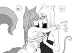  2girls @_@ animal_ears arknights bandages bare_shoulders blush braid breast_press breasts drlee_lili eye_contact face-to-face greyscale heart highres hug large_breasts large_tail long_hair looking_at_another monochrome mouse_ears mouse_girl mouse_tail multiple_girls naked_bandage provence_(arknights) scavenger_(arknights) shirt simple_background sleeveless sleeveless_shirt speech_bubble spoken_heart sweat tail white_background wolf_ears wolf_girl wolf_tail yuri 