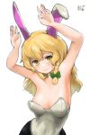  1girl alternate_costume animal_ears armpits arms_up bangs bare_shoulders black_pantyhose blonde_hair blush bow braid breasts closed_mouth commentary_request dress embarrassed fake_animal_ears green_bow grey_dress hair_between_eyes hair_bow hands_up highres kirisame_marisa long_hair looking_at_viewer medium_breasts pantyhose playboy_bunny rabbit_ears signature simple_background single_braid smile solo sweatdrop touhou white_background yanotsuki18 yellow_eyes 