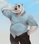  2022 aggressive_retsuko anthro belly black_nose blush bodily_fluids bottomwear clothing hi_res huzzhuz male mammal overweight overweight_male pants polar_bear sanrio shirota shirt solo sweat topwear ursid ursine white_body 