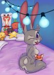  absurd_res anthro bed body_pillow canid canine dakimakura_design dakimakura_pillow dildo disney female fox furniture gesture hand_on_hip hi_res judy_hopps kneeling lagomorph leporid looking_at_viewer looking_back mammal multicolored_body nebssik nick_wilde on_bed one_eye_closed pillow plushie purple_eyes rabbit rear_view sex_toy simple_background smile solo tongue tongue_out two_tone_body v_sign wink zootopia 
