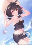 1girl arms_up bangs bare_arms bare_shoulders black_hair black_shirt black_shorts blush bow cowboy_shot crop_top day dutch_angle granblue_fantasy hair_bobbles hair_bow hair_ornament hands_on_headwear hat highres long_hair low_twintails midriff navel ocean outdoors parted_lips red_eyes shirt short_shorts short_twintails shorts solo standing strapless strapless_shirt sun_hat twintails vikala_(granblue_fantasy) wading water yellowpaint. 