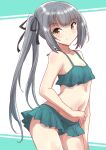  1girl bikini bikini_skirt breasts brown_eyes commentary_request cowboy_shot fuji_(pixiv24804665) green_bikini grey_hair highres kantai_collection kasumi_(kancolle) long_hair looking_at_viewer official_alternate_costume side_ponytail small_breasts smile solo standing swimsuit 