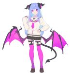  1girl blue_hair brown_footwear colored_inner_hair curled_horns demon_tail dragon_wings enkyo_yuuichirou full_body hand_on_hip hand_up highres horns legwear_garter loafers long_hair long_sleeves looking_at_viewer low_wings miniskirt multicolored_hair necktie original parted_lips pleated_skirt purple_eyes purple_necktie purple_thighhighs sailor_collar school_uniform serafuku shirt shoes short_necktie simple_background skirt solo tail thighhighs white_background white_sailor_collar white_shirt wings 