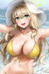  :d bikini blonde_hair blue_archive breasts cleavage commentary dripping gijang green_eyes halo hat highres large_breasts looking_at_viewer navel nonomi_(blue_archive) nonomi_(swimsuit)_(blue_archive) outstretched_arm smile splashing sun_hat swimsuit upper_body wet wet_clothes wet_swimsuit yellow_bikini 