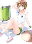  1girl blush bracelet breasts brown_eyes brown_hair drinking_straw_in_mouth drum drumsticks hair_between_eyes hair_ornament headphones highres instrument jewelry komori_quintet! midriff pink_footwear short_hair shorts sitting solo third-party_edit tiv 