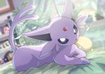  anime_coloring bright_pupils commentary_request curtains espeon indoors looking_at_viewer lying no_humans on_bed on_stomach oooise pillow pokemon pokemon_(creature) purple_eyes shelf signature solo white_pupils 