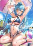 1girl ankle_strap anklet arm_strap armband armpits arms_up ball bangs bare_legs beach beach_umbrella beachball belt bikini bikini_under_clothes black_ribbon blue_bikini blue_hair blush braid breasts brown_belt cleavage criss-cross_halter cup daifuku_(yukihana_lamy) drinking_glass green_hair hair_ornament hair_tie hair_tie_in_mouth hairband halterneck hololive jewelry large_breasts long_hair looking_at_viewer micro_shorts mouth_hold multicolored_hair navel open_fly orange_hair outdoors pointy_ears ponytail qian_wu_atai ribbon ribbon_in_mouth sandals sandals_removed shorts sitting solo stomach streaked_hair swimsuit tying_hair umbrella unbuttoned unbuttoned_shorts underboob very_long_hair white_shorts x_hair_ornament yellow_eyes yukihana_lamy yukimin_(yukihana_lamy) 