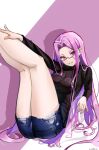  1girl denim denim_shorts fate/grand_order fate_(series) forehead glasses highres legs long_hair medusa_(fate) medusa_(rider)_(fate) purple_eyes purple_hair shorts solo thighs user_hwnu4245 