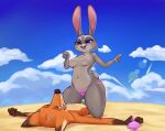  anthro beach bedroom_eyes bikini bodily_fluids breasts canid canine chest_tuft clothed clothing dipstick_ears disney duo female fox gesture hi_res judy_hopps lagomorph leg_markings leporid lying male male/female mammal markings multicolored_body multicolored_ears narrowed_eyes nebssik nick_wilde on_back open_mouth open_smile pointing purple_eyes rabbit scut_tail seaside seductive short_tail smile socks_(marking) straddling sweat swimwear tongue tongue_out topless tuft two_tone_body zootopia 