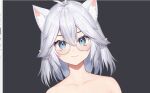  1girl animal_ears antenna_hair blue_eyes cat_ears closed_mouth commentary completely_nude diamond-shaped_pupils diamond_(shape) english_commentary fang glasses grey_hair highres looking_at_viewer medium_hair neonbeat nude pointy_ears round_eyewear skin_fang smile solo symbol-shaped_pupils vei_(vtuber) virtual_youtuber vshojo 