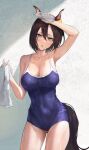  1girl animal_ears ass_visible_through_thighs bottle breasts character_request cherrypunchs cleavage collarbone contrapposto hair_between_eyes highres holding holding_bottle horse_ears horse_girl horse_tail large_breasts short_hair solo swimsuit tail towel umamusume wet 