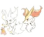  1girl animal_ear_fluff animal_ears animal_nose arm_up body_fur braixen closed_mouth commentary fang fire fox_ears fox_girl from_side fur_collar furry furry_female happy holding holding_stick looking_at_viewer multiple_views open_mouth outstretched_arm partially_colored pokemon pokemon_(creature) profile red_eyes simple_background sketch smile snout stick sukasshu_(mroooo) two-tone_fur upper_body white_background white_fur yellow_fur 
