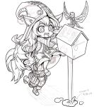  2girls :d animal_ears armor bangs dress ears_through_headwear envelope fairy fang gloves greyscale hat holding holding_envelope league_of_legends lifting_person long_hair lulu_(league_of_legends) monochrome multiple_girls one_eye_closed phantom_ix_row pix_(league_of_legends) poppy_(league_of_legends) postbox_(outgoing_mail) simple_background smile translation_request white_background yordle 