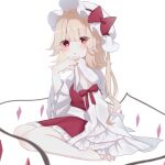  1girl barefoot bow crystal flandre_scarlet hat highres hisu_(hisu_) looking_at_viewer mob_cap red_bow red_eyes simple_background sitting skirt solo touhou white_background white_headwear wings 