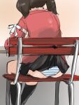 1girl 4me_4ma ass black_skirt black_socks brown_hair chair commentary_request feet_out_of_frame from_behind highres japanese_clothes kantai_collection kariginu panties pleated_skirt red_shirt ryuujou_(kancolle) shirt skirt socks solo striped striped_panties twintails underwear 