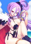  1girl bangs beach black_cape black_swimsuit blue_sky breasts cape cleavage earrings fate/grand_order fate_(series) fur-trimmed_cape fur_trim hair_between_eyes hair_ornament hair_scrunchie highleg highleg_swimsuit highres jewelry knee_up large_breasts long_hair looking_at_viewer lotion_bottle navel negi_(ulog&#039;be) one-piece_swimsuit open_mouth purple_eyes purple_hair scrunchie side_ponytail sidelocks sitting sky smile solo swimsuit thighlet thighs very_long_hair wrist_scrunchie wu_zetian_(fate) wu_zetian_(swimsuit_caster)_(fate) 