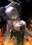  1girl absurdres aponia_(honkai_impact) armpits arms_up artist_name bangs black_dress black_sleeves blue_eyes breasts brown_hair closed_mouth dress hair_between_eyes highres honkai_(series) honkai_impact_3rd large_breasts long_hair looking_at_viewer nun rosary solo veil yan_(unicorn404) 