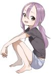  1girl :d absurdres bangs barefoot black_shirt blush brown_eyes commentary_request grey_shorts hair_between_eyes highres knees_up long_hair looking_at_viewer low_ponytail outstretched_arms parted_bangs ponytail purple_hair shirt short_shorts short_sleeves shorts simple_background sitting smile solo soredemo_ayumu_wa_yosetekuru white_background yamamoto_souichirou yaotome_urushi 