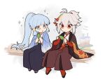  1boy 1girl bangs blue_hair blunt_bangs bubble_tea character_name commentary_request cup disposable_cup flying_sweatdrops genshin_impact grey_eyes grey_hair hakama highres holding holding_leaf japanese_clothes kaedehara_kazuha kamisato_ayaka leaf leaf_print long_hair mole mole_under_eye multicolored_hair open_mouth ponytail red_eyes red_hair shigetake_(buroira) sidelocks simple_background sitting smile sparkle streaked_hair very_long_hair wide_sleeves younger 