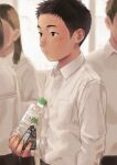  2boys 2girls b_gent black_eyes black_hair blush bottle breast_pocket child closed_mouth collared_shirt commentary_request female_child holding holding_bottle long_hair male_child male_focus multiple_boys multiple_girls original pocket shirt short_hair solo_focus water_bottle window 