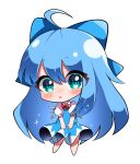  1girl 380u0 absurdres ahoge alternate_hair_length alternate_hairstyle aqua_eyes bangs blue_bow blue_dress blue_eyes blue_hair bow chibi cirno dress full_body hair_bow highres long_hair looking_at_viewer open_mouth simple_background solo star-shaped_pupils star_(symbol) symbol-shaped_pupils touhou white_background 