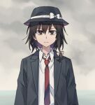 1girl bangs black_headwear bow brown_eyes brown_hair closed_mouth cloud cloudy_sky coat collared_coat collared_shirt commentary_request eyes_visible_through_hair grey_coat grey_sky hair_between_eyes hair_bow hat hat_bow long_sleeves looking_at_viewer necktie ocean open_clothes open_coat re_ghotion red_necktie shirt sky solo standing touhou usami_renko water white_bow white_shirt 