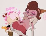  baroness_von_bon_bon big_breasts breasts brown_hair candy candy_humanoid cuphead_(character) cuphead_(game) dessert duo english_text female food food_creature food_humanoid gosgoz green_eyes hair hi_res huge_breasts humanoid lips living_candy male not_furry pink_body pink_skin pog red_lips simple_background smile text video_games white_background 