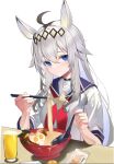  1girl 71975327 ahoge alcohol animal_ears beer black_hair blue_eyes blush bowl chopsticks cup food food_request fruit grey_hair hair_flaps highres holding holding_chopsticks holding_spoon horse_ears horse_girl long_hair looking_at_viewer multicolored_hair neckerchief noodles oguri_cap_(umamusume) orange_(fruit) ramen school_uniform serafuku solo spoon two-tone_hair umamusume 