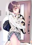  1girl animal bag brown_eyes brown_hair cat clothes_lift door highres holding holding_animal holding_bag holding_cat kobayashi_chisato open_mouth original panties plaid plaid_skirt school_uniform short_hair shoulder_bag sideways_glance skirt skirt_lift sweater_vest underwear 