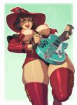 1girl absurdres black_hair black_panties breasts breasts_out electric_guitar guilty_gear guitar hat highres i-no instrument looking_at_viewer medium_breasts mole mole_above_mouth music nipples o-ring open_mouth panties playing_instrument red_headwear red_lips red_thighhighs riz short_hair skindentation smile solo thick_thighs thighhighs thighs underwear witch_hat 