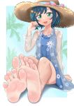  1girl aqua_nails arm_support bangs barefoot blue_background blue_dress blue_eyes border breasts collarbone commentary_request delicious_party_precure dress eyelashes feet floral_print foot_focus foreshortening fuwa_kokone green_eyes hair_ornament hand_up hat highres hinosaki jacket long_sleeves looking_at_viewer medium_hair nail_polish open_mouth precure print_dress see-through see-through_jacket shadow sidelocks sitting small_breasts soles solo straw_hat sundress toenail_polish toenails toes white_border 